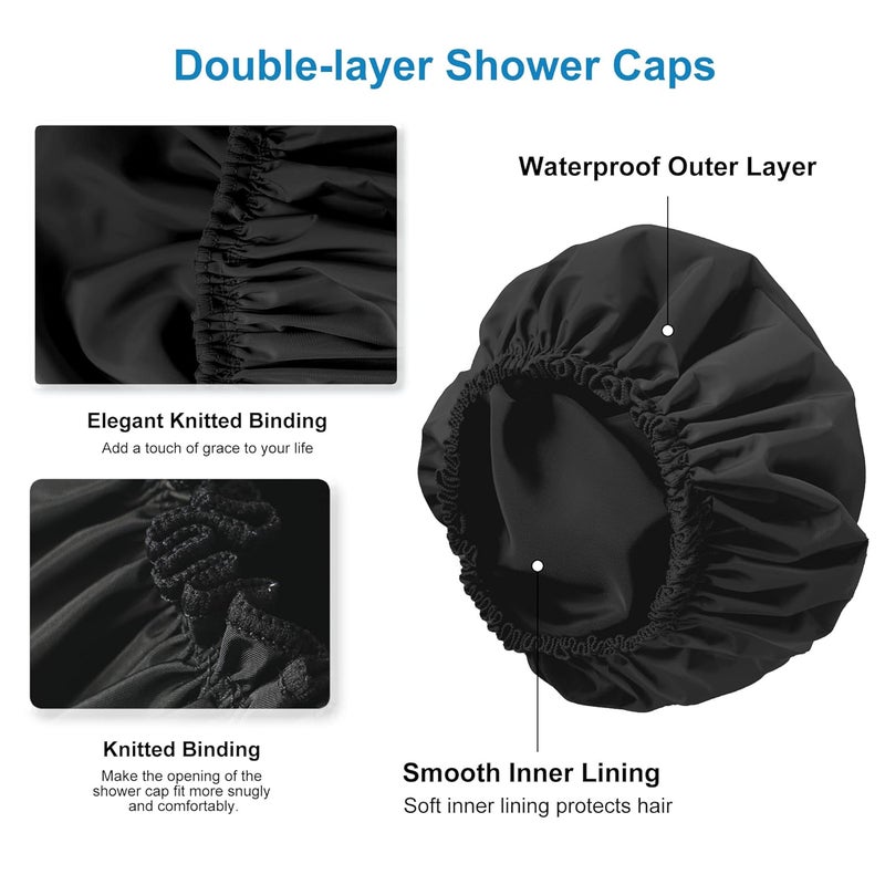 CHFONG Shower Cap for Women, Double Layer Waterproof Bath Cap, Reusable Hair Protector, Large Waterproof Shower Bonnet Washable Elastic Band Bath Hair Hat for Long Hair, Braids，Black - Image 5